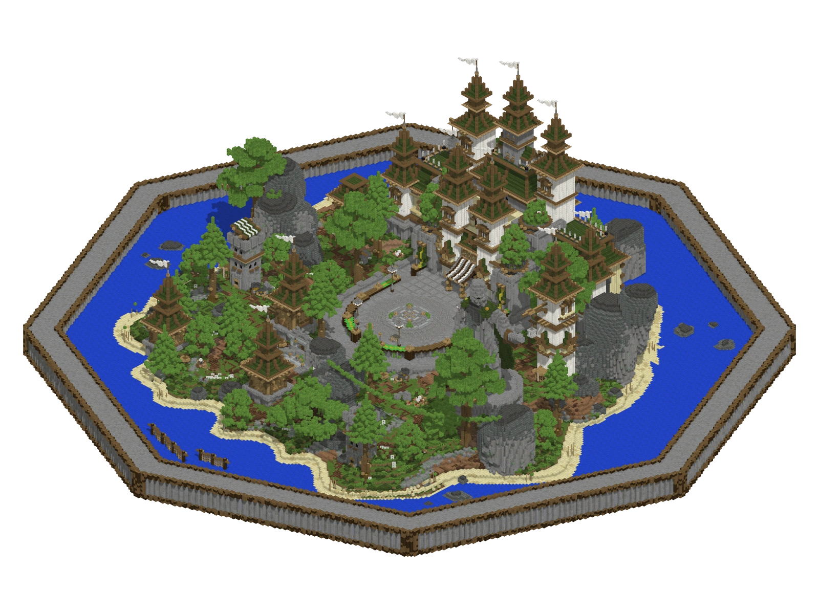 Spawn Emerald da FORTRESS: fortaleza com telhados verdes, bandeiras brancas, praça e jardins, renderizada a partir do schematic do spawn